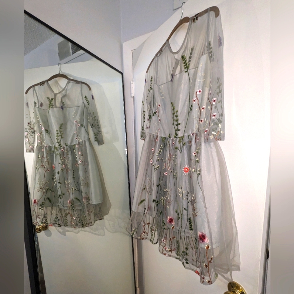 Floral embroidered mesh cocktail dress